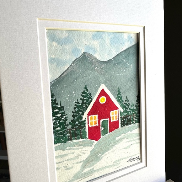 🎉SALE! Hand-Made New Watercolor Art Cozy Red Hut in the Mountains - Picture 6 of 8